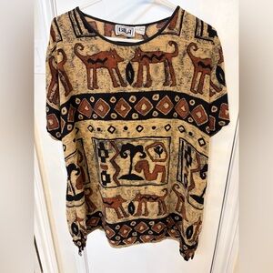 Vintage Bila Boho Brown & Black Aztec Print Blouse Size Large